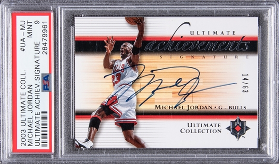 2003-04 UD Ultimate Collection Ultimate Achievement Signature #UA-MJ Michael Jordan (#14/63) - PSA MINT 9